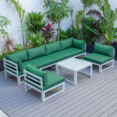 LEISUREMOD Chelsea 7-Piece Patio Sectional And Coffee Table Set Weathered Grey Aluminum With Green Cushions CSTWGR-7G